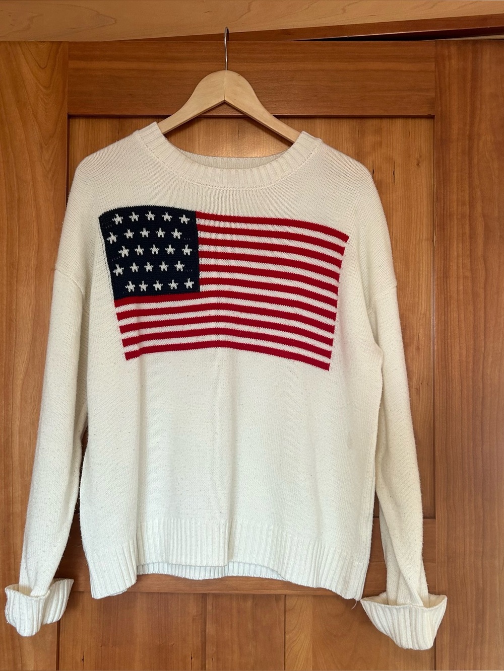 Cream Crewneck Sweater with American Flag